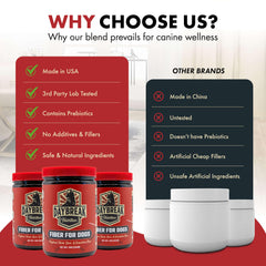 Daybreak Nutrition Fiber for Dogs with beet root flakes highlighting natural fiber sources.