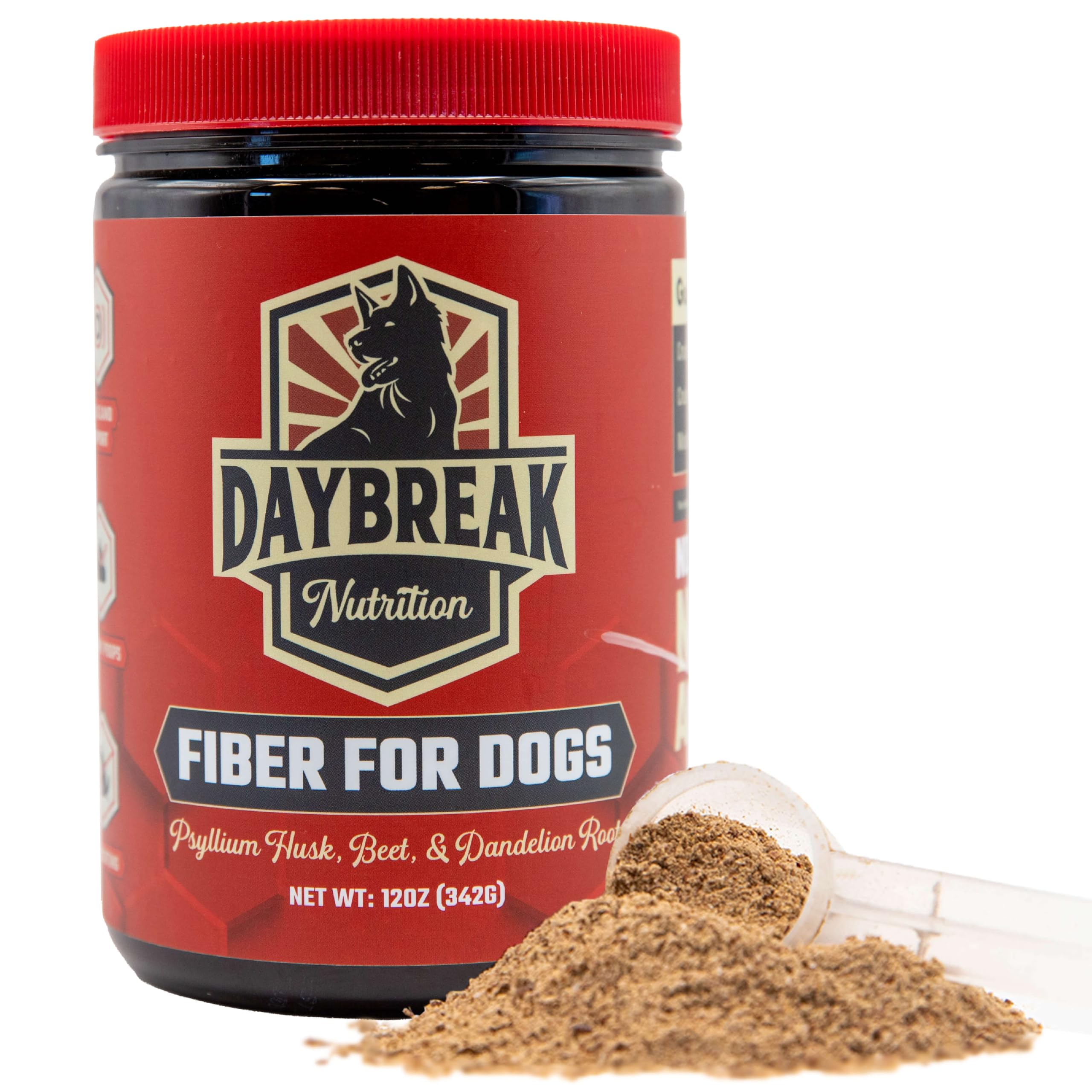 Daybreak Nutrition Fiber for Dogs bottle labeled for easy digestive support.