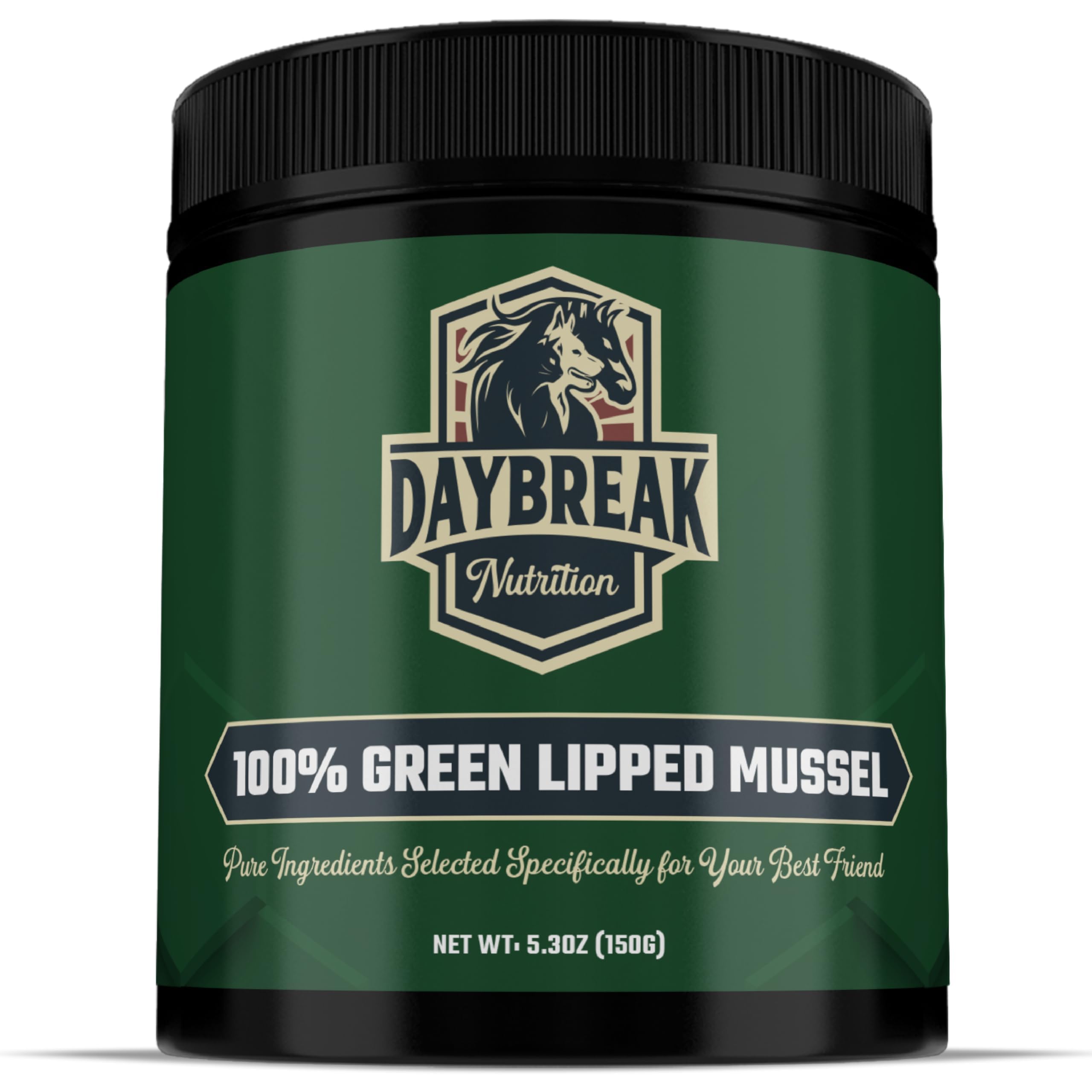 Daybreak Nutrition green lipped mussel powder bottle for dogs supports joint comfort