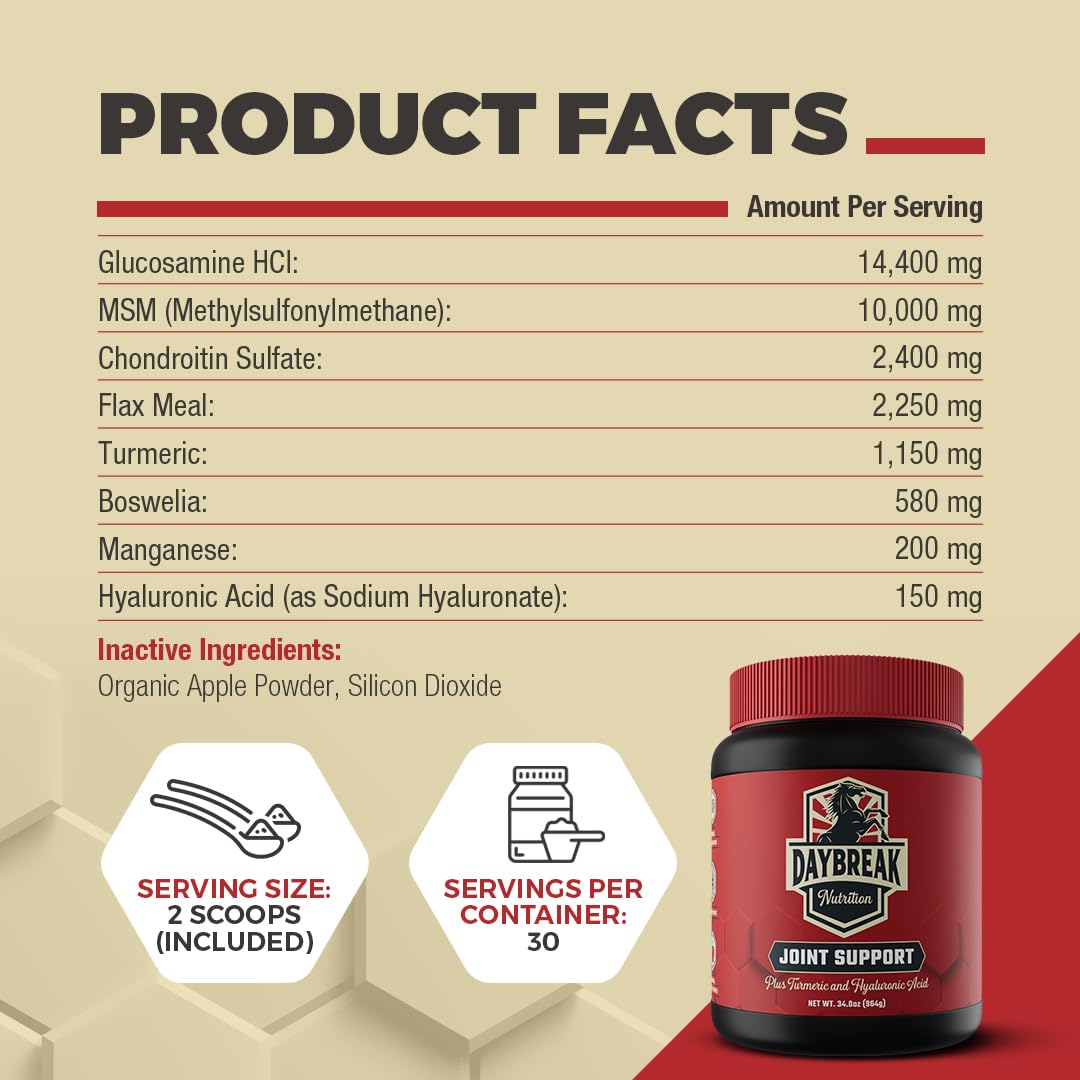 Daybreak Nutrition joint supplement powder dispensing indicates practical daily feeding.
