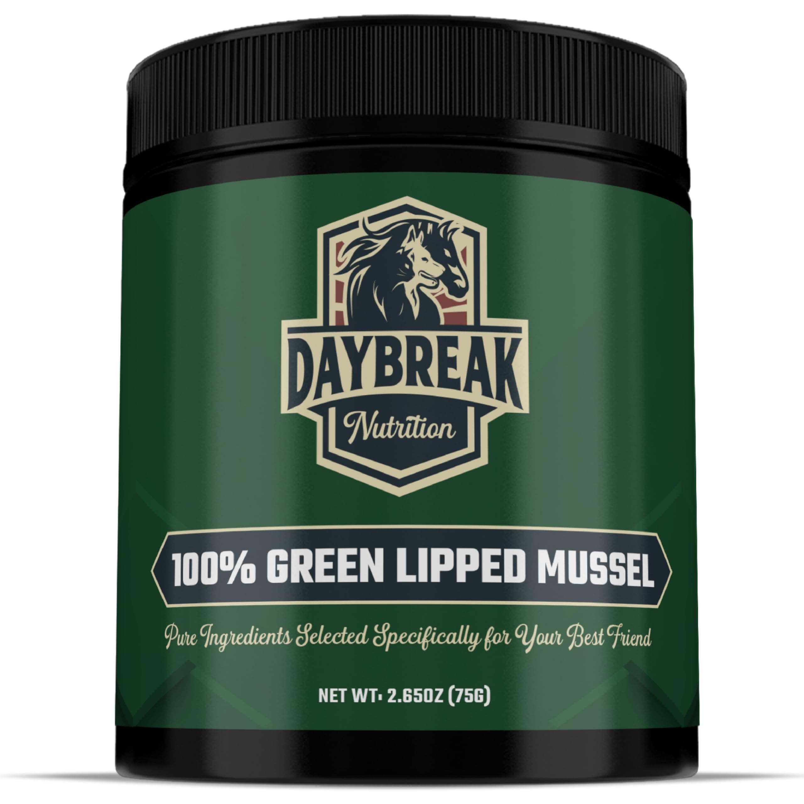 Daybreak Pure Green Lipped Mussel Powder tub shows pure NZ mussels for joint support