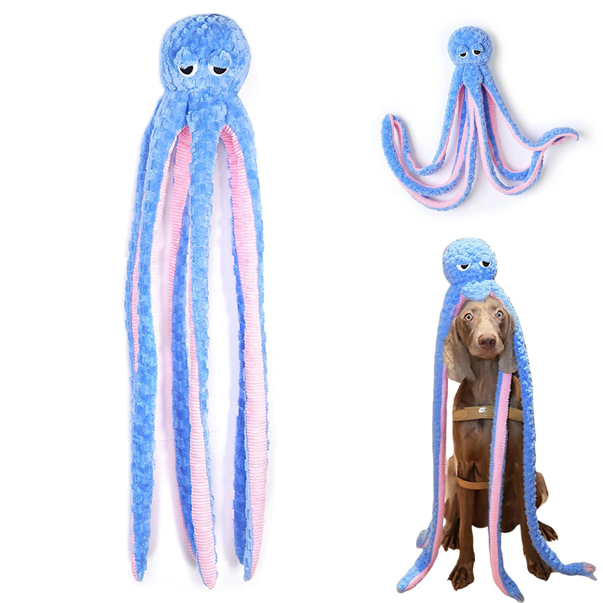 Dayingjiang 40-inch octopus toy with head squeaker engages dogs during play.