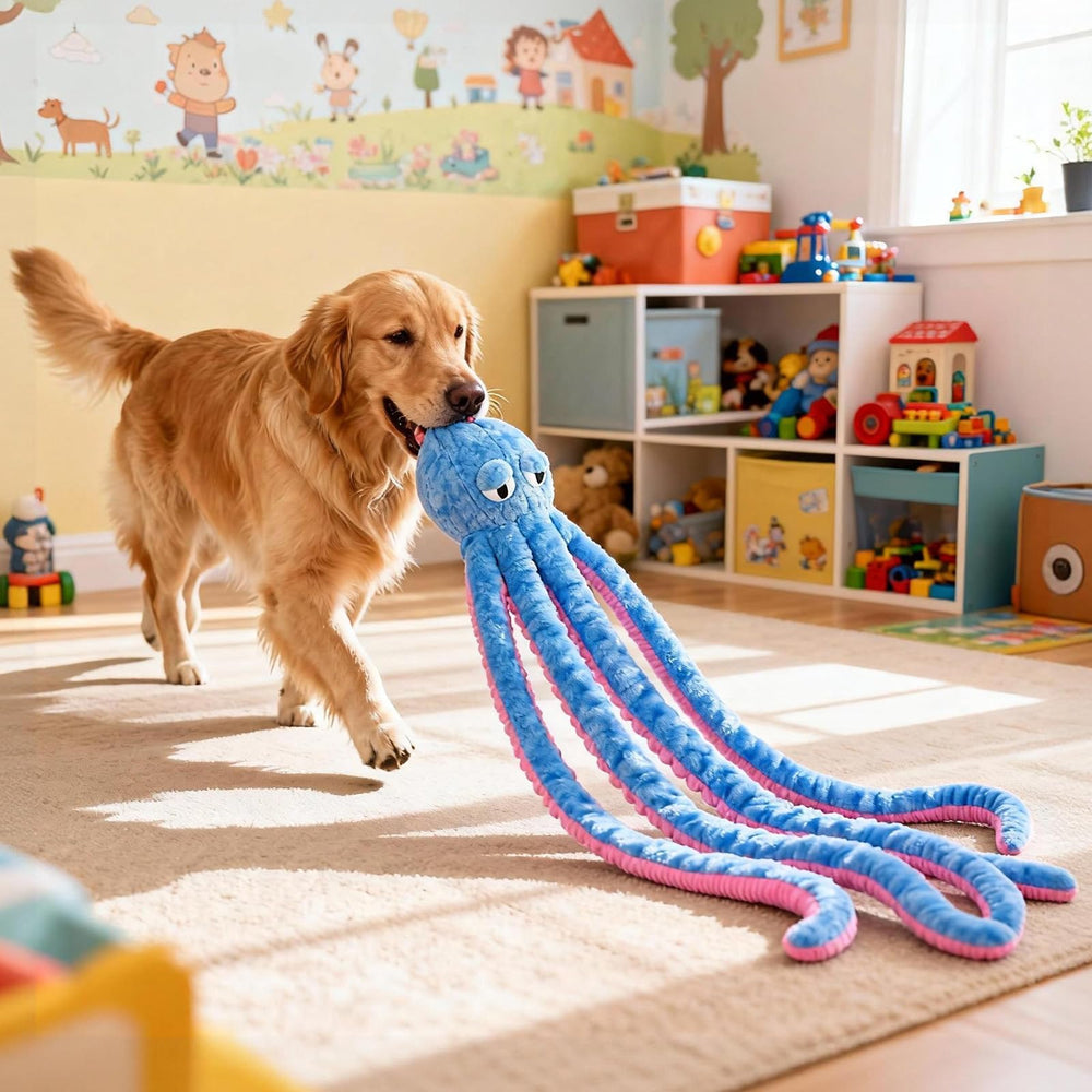 Dayingjiang octopus toy features durable plush construction for strong chewers.