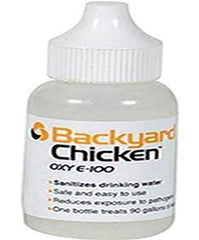 Dbc Agricultural Prdts Backyard Chicken OXY E100 bottle for safe water treatment.