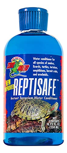 DBDPet ReptiSafe bottle label shown; simplifies dosing for clean terrarium water.