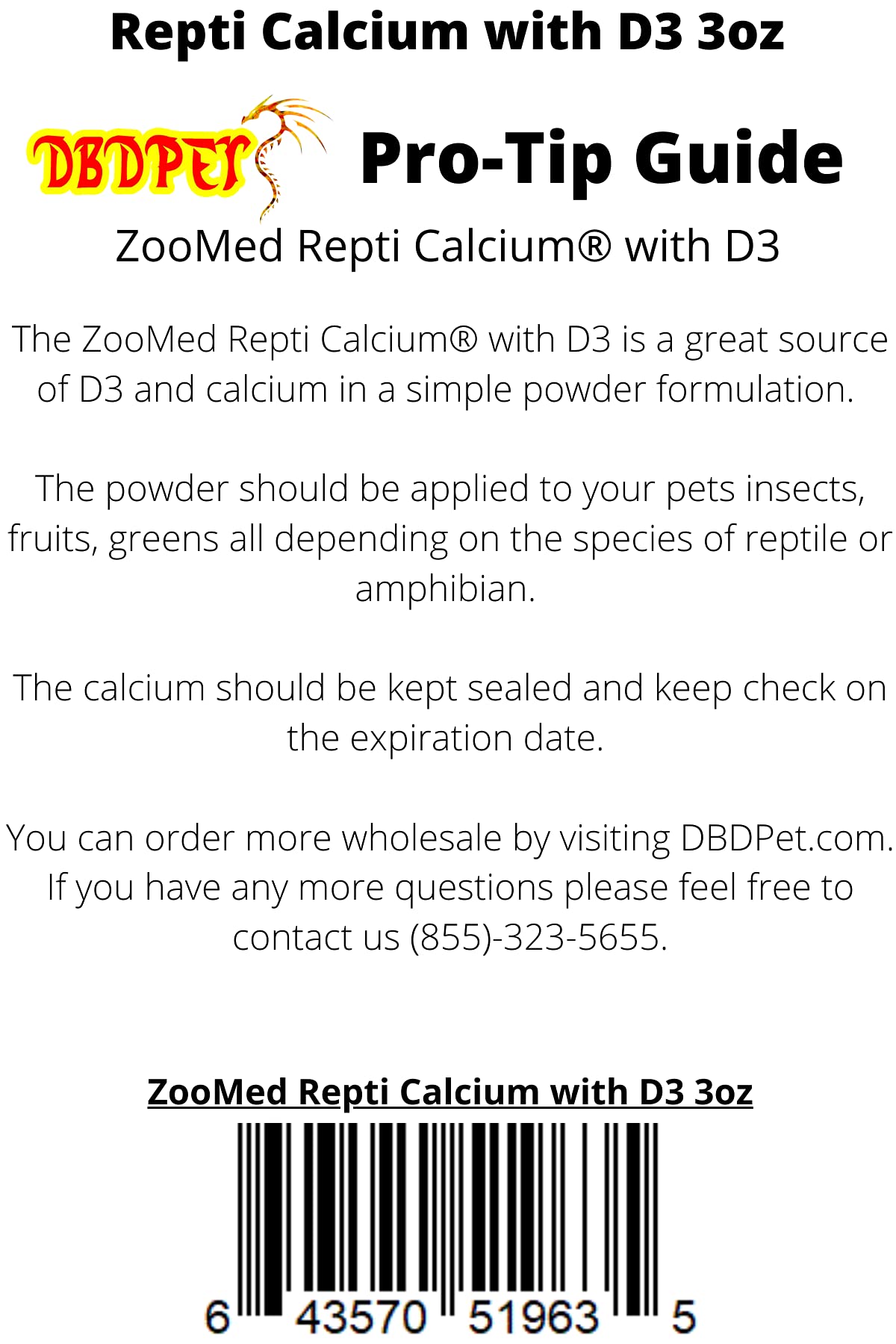 DBDPet Repti Calcium with D3 3oz close-up of Pro-Tip Guide for reptile care tips.
