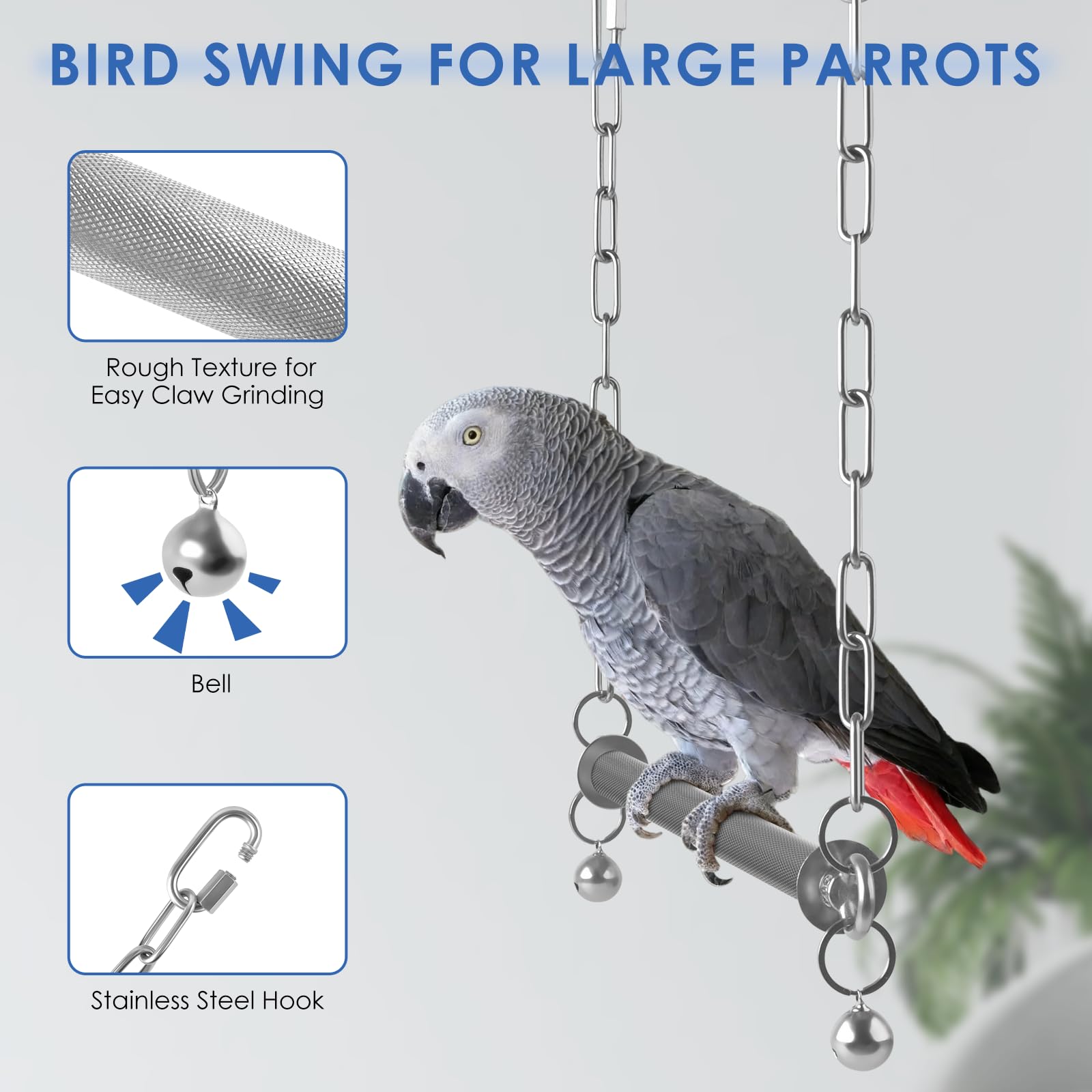DBNESS bells on swing produce inviting sounds that attract parrots to explore.