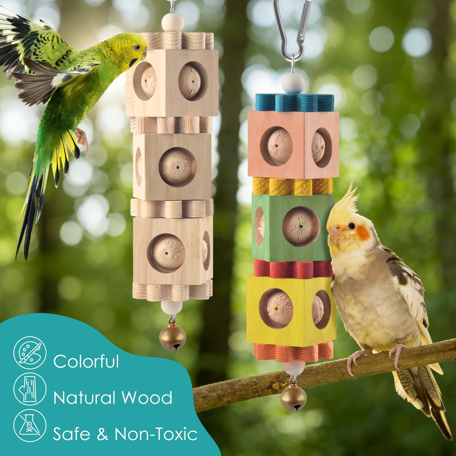 DBNESS wood blocks with grooves and beads promoting beak work and foraging