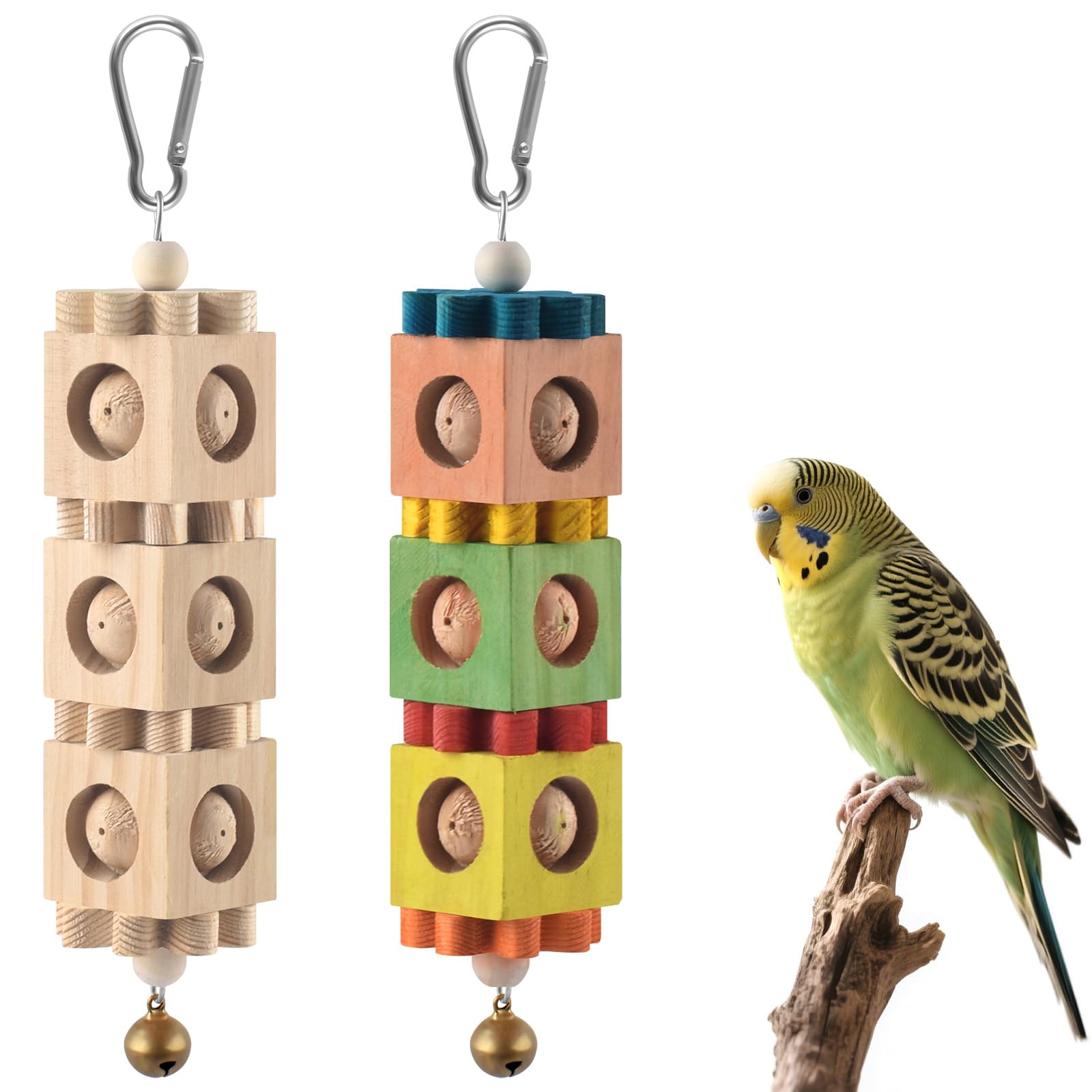 DBNESS rotating wood block chew toy with bell for parrot enrichment in cage