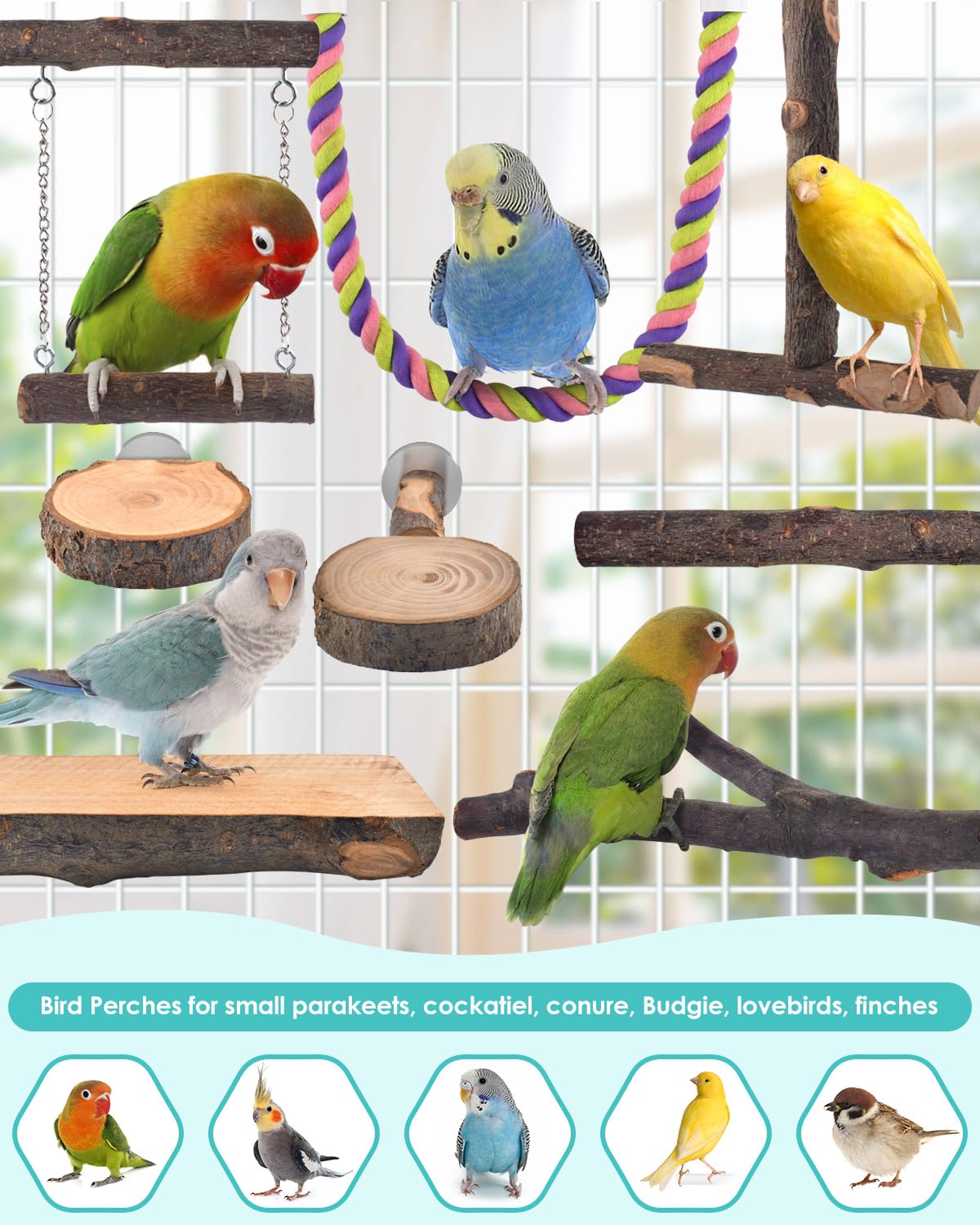 DBNESS wooden perch and bird rope combo enhances play and enrichment