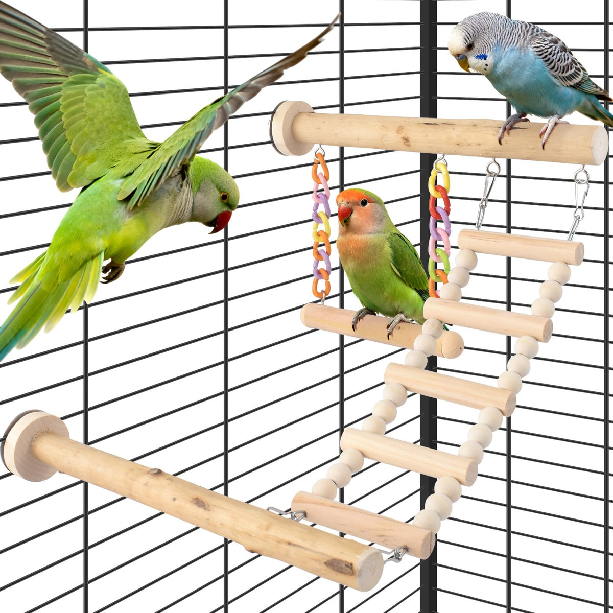 DBNESS bird perches ladder with swing offers natural wood play and balance training for parrots