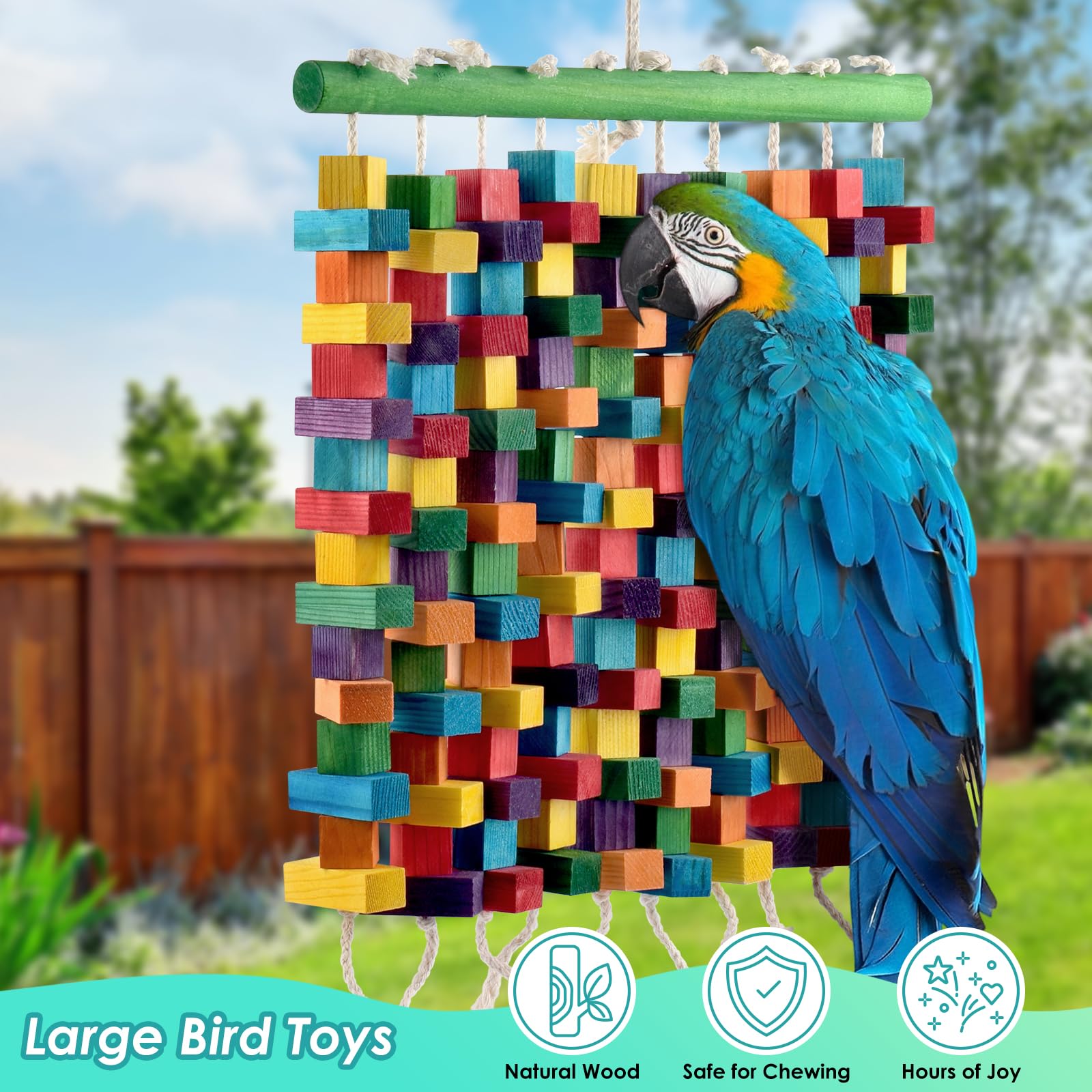 DBNESS parrot toy in cage with vibrant colors to attract birds.