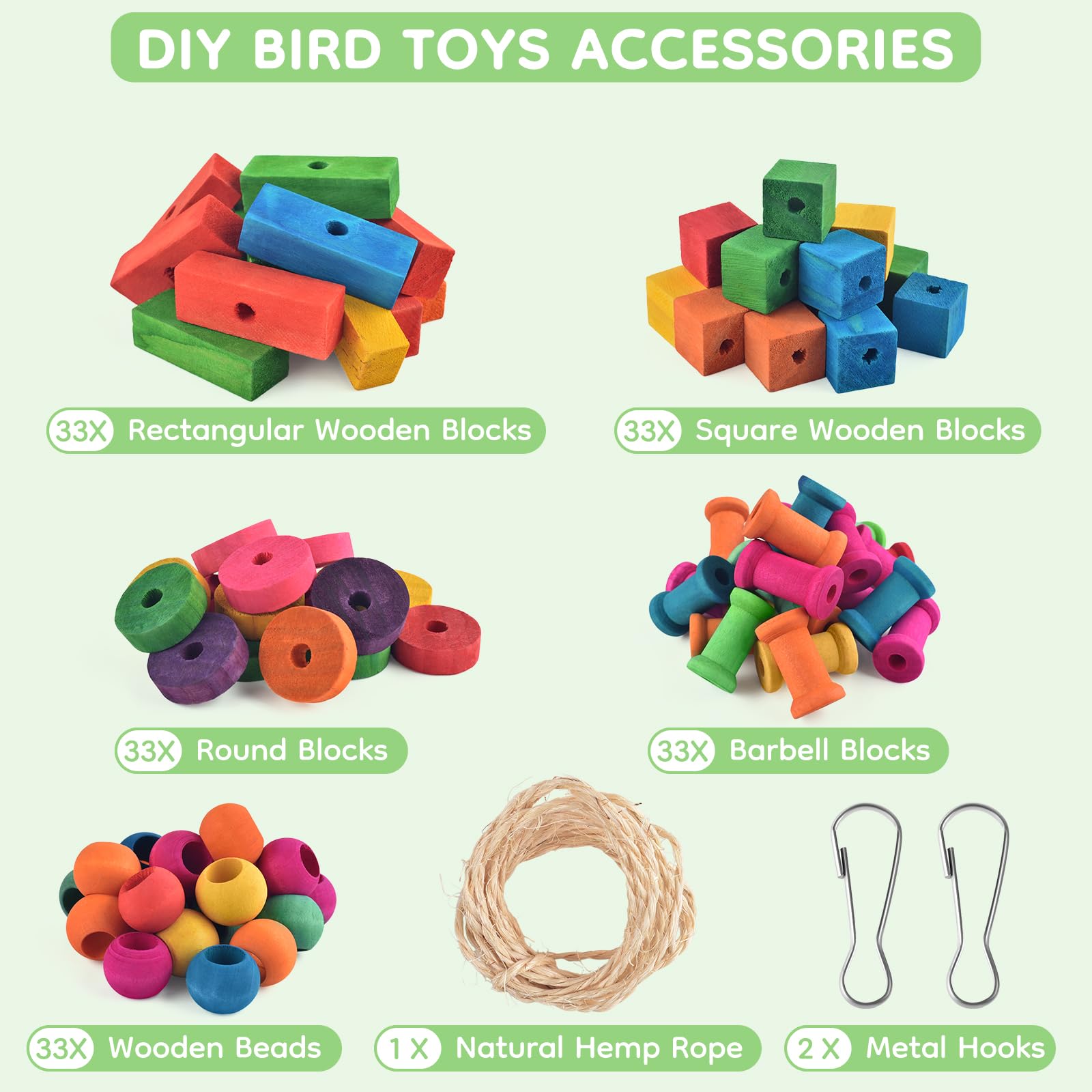 DBNESS wooden blocks and hemp rope components for customizable DIY parrot toys.