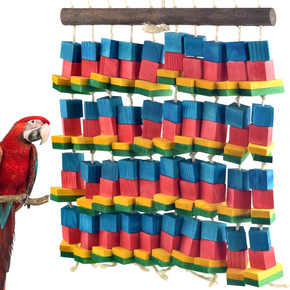 DBNESS XL bird toy close-up shows wooden blocks for chewing and shredding.