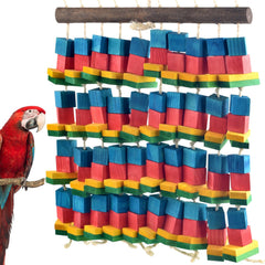 DBNESS XL bird toy close-up shows wooden blocks for chewing and shredding.