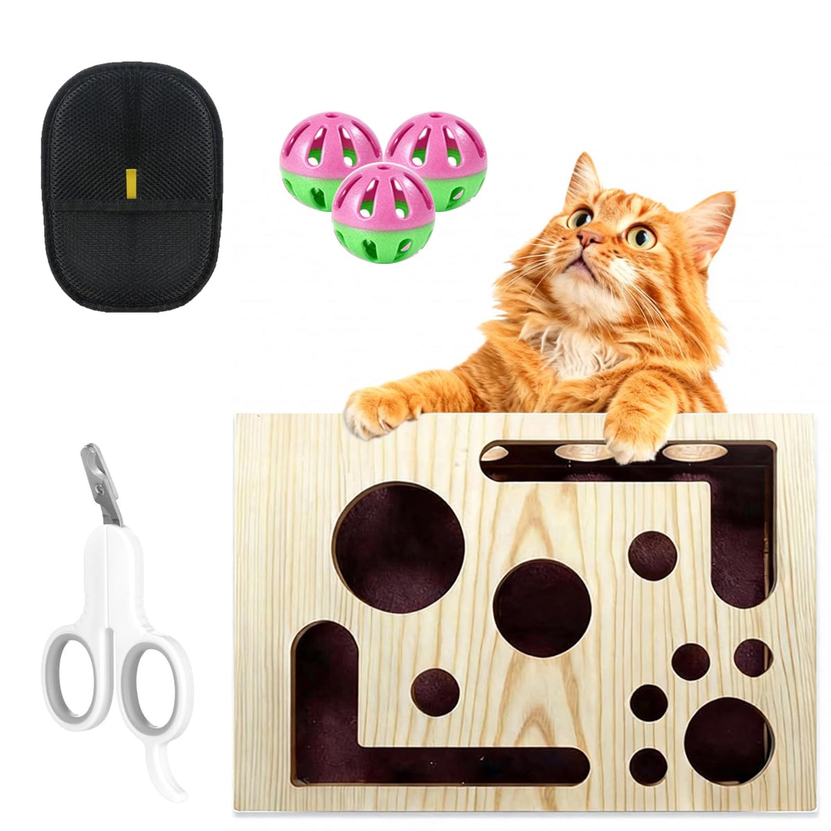 DBZ Cat Scratch Puzzle Box side view highlights durable pine shell for claw care.