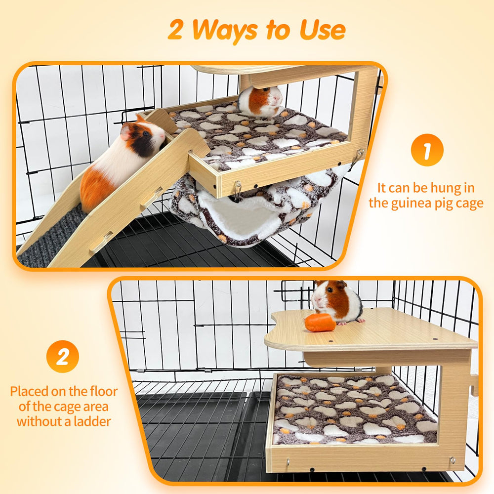 DCIAER Guinea Pig Hideout hammock provides secure lounging on wooden frame.