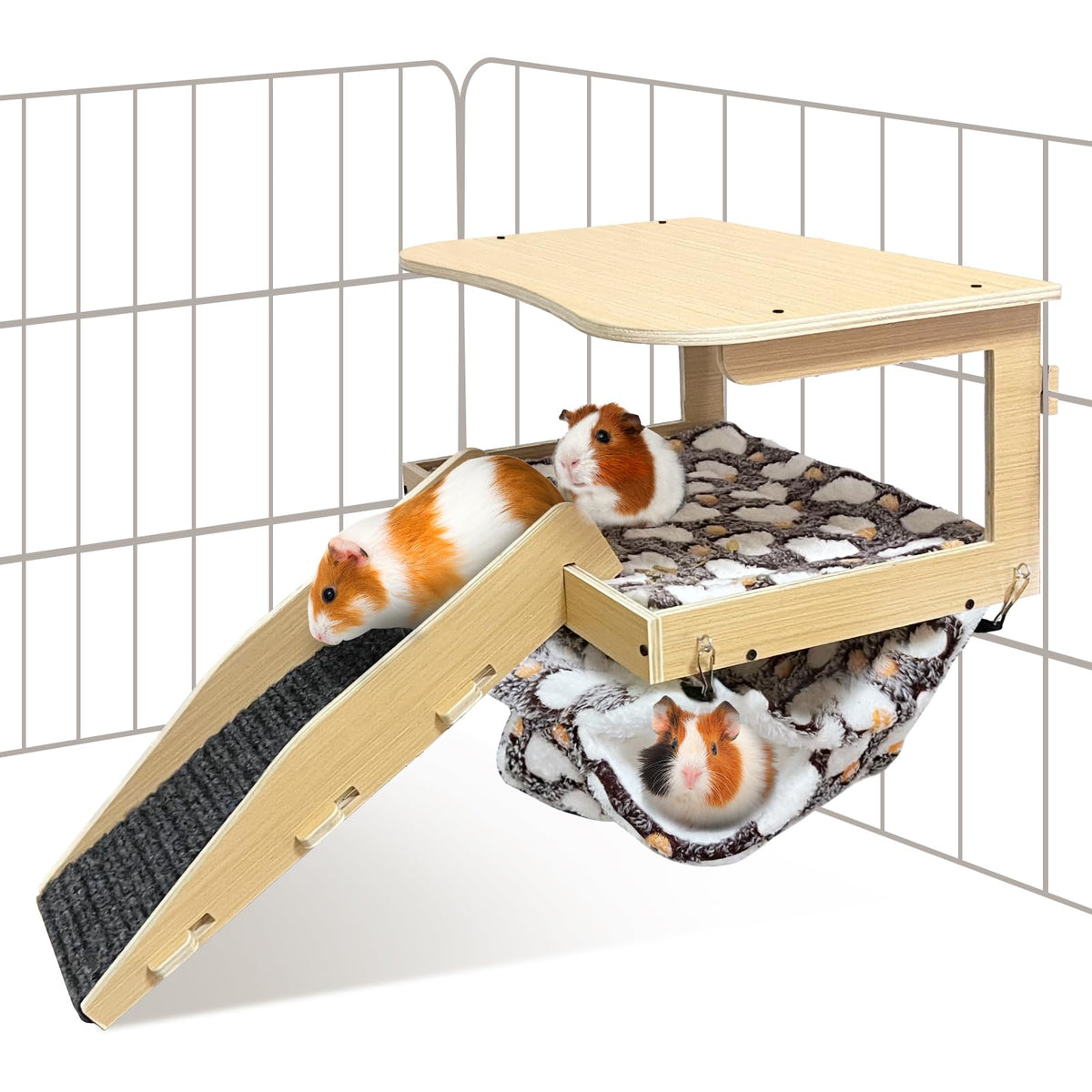 DCIAER Guinea Pig Hideout in natural wood with hammock offers a cozy resting spot.