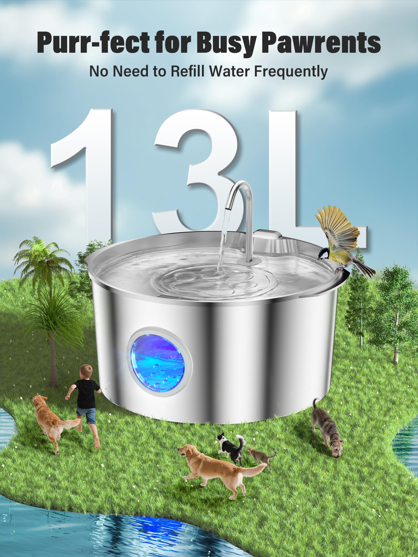 DCIOGAT round water fountain tray provides 360-degree drinking area for multiple dogs.