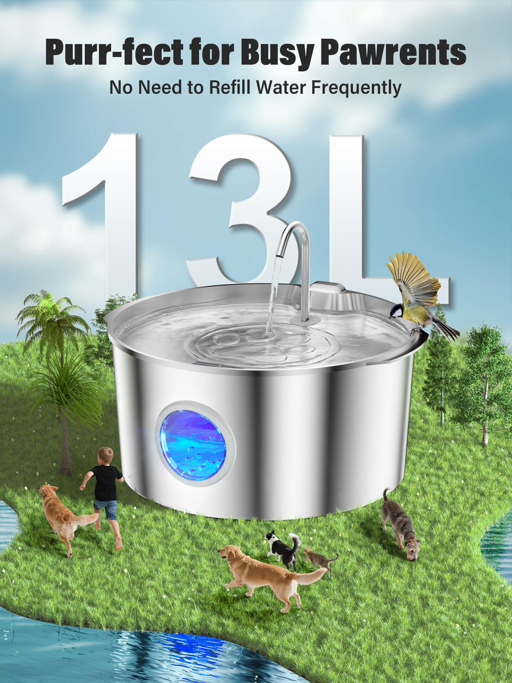 DCIOGAT round water fountain tray provides 360-degree drinking area for multiple dogs.