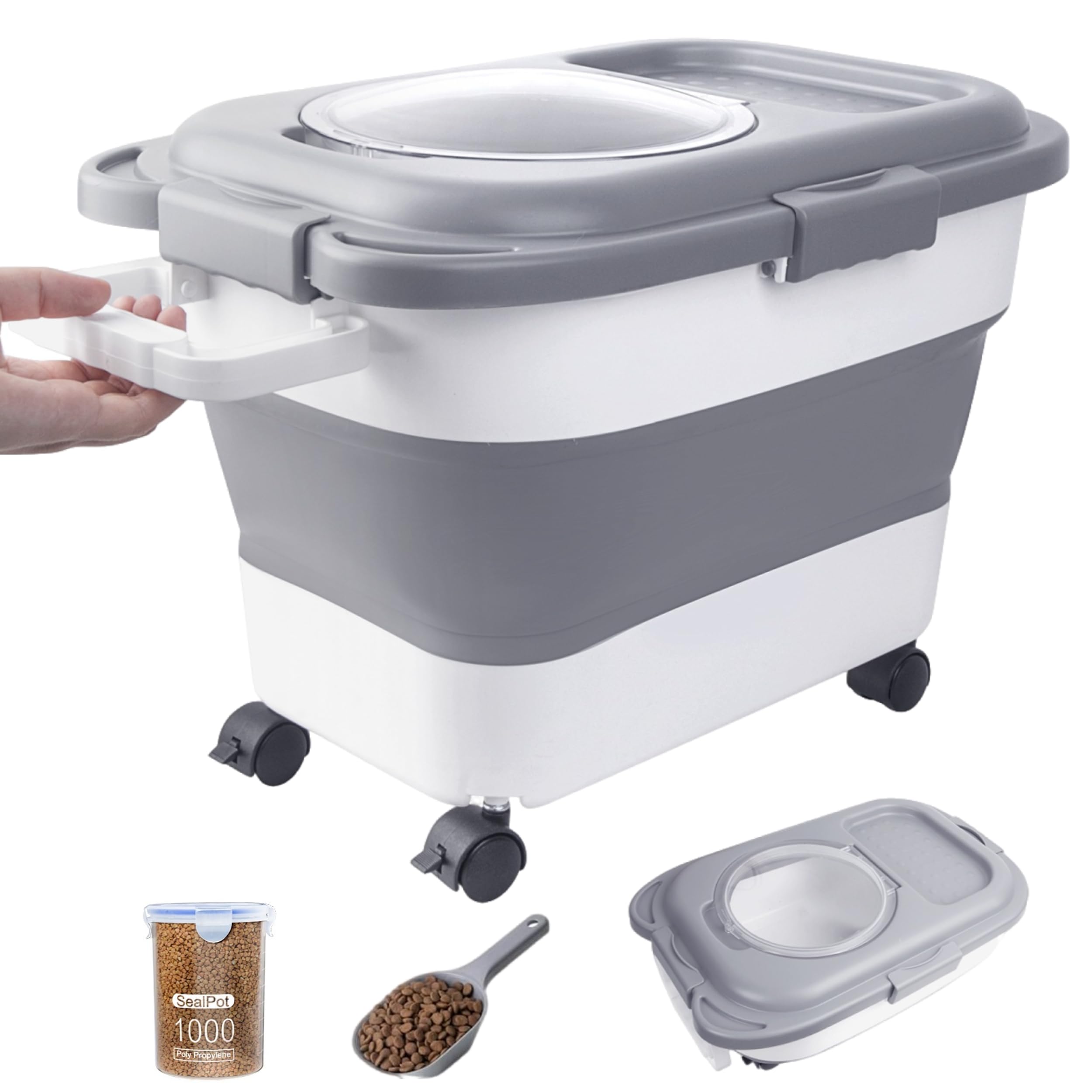 DDMOMMY collapsible dog food container with lid showing space-saving design and freshness features