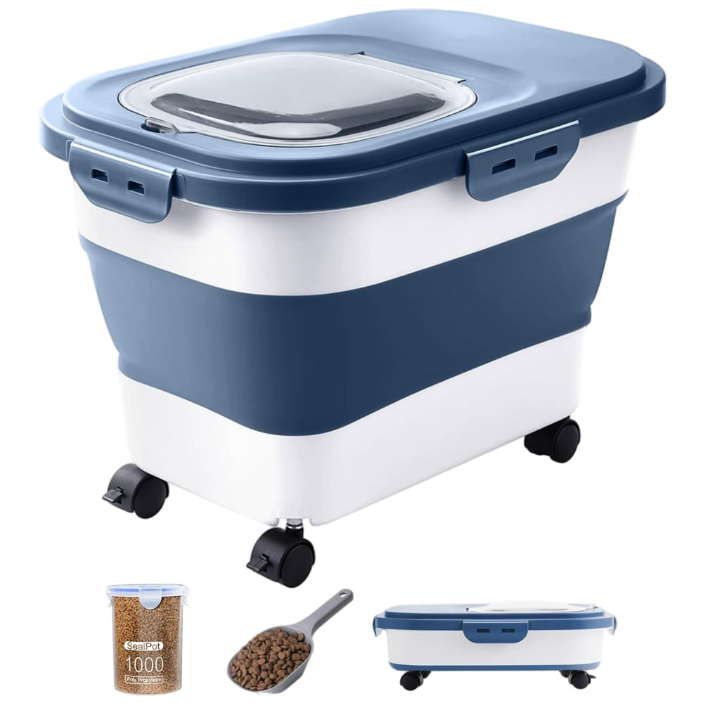 DDMOMMY dog food container blue with wheels, easy to move and store.