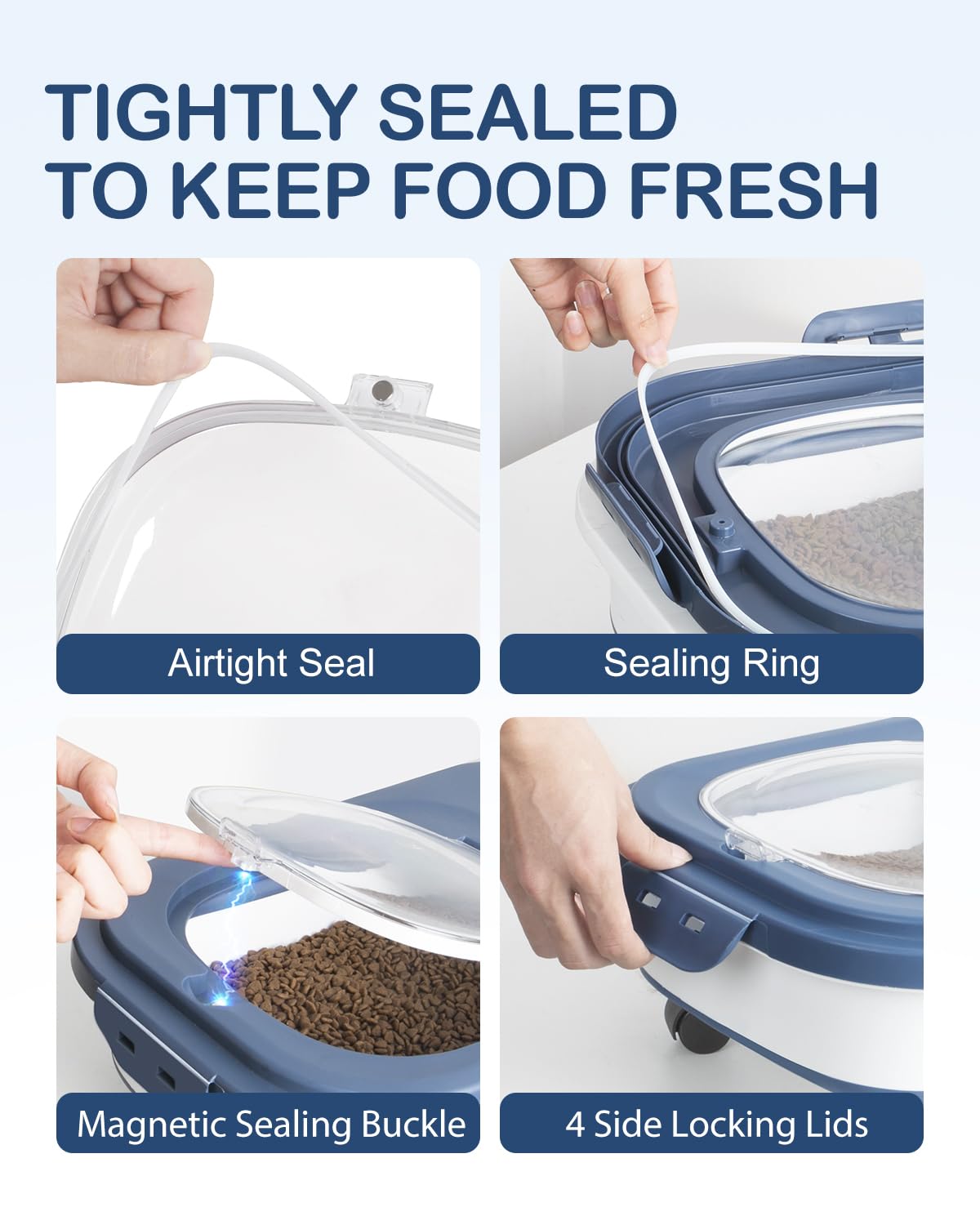 DDMOMMY blue dog food container shown open to highlight foldable design.