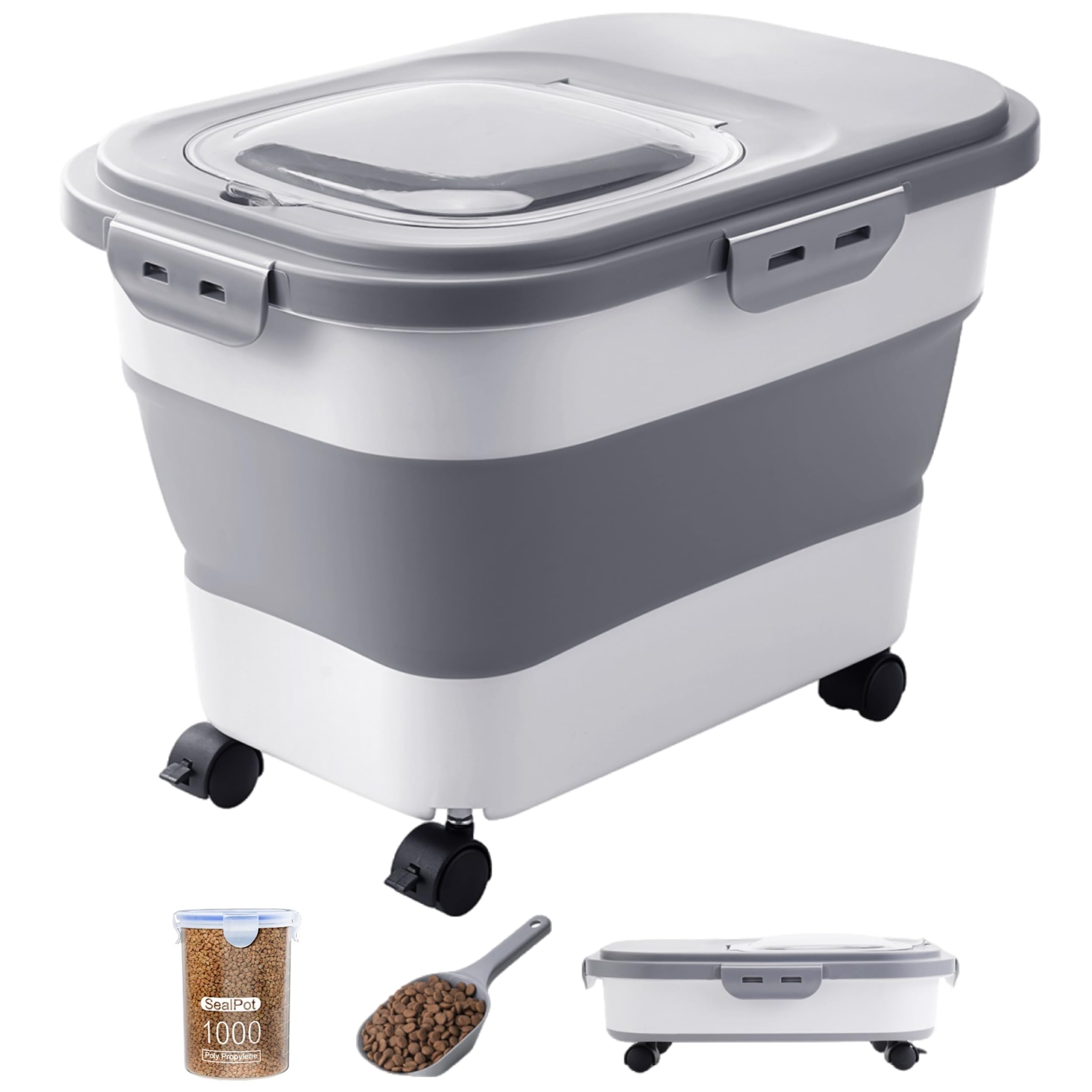 DDMOMMY dog food container with foldable wheels for easy transport and storage.