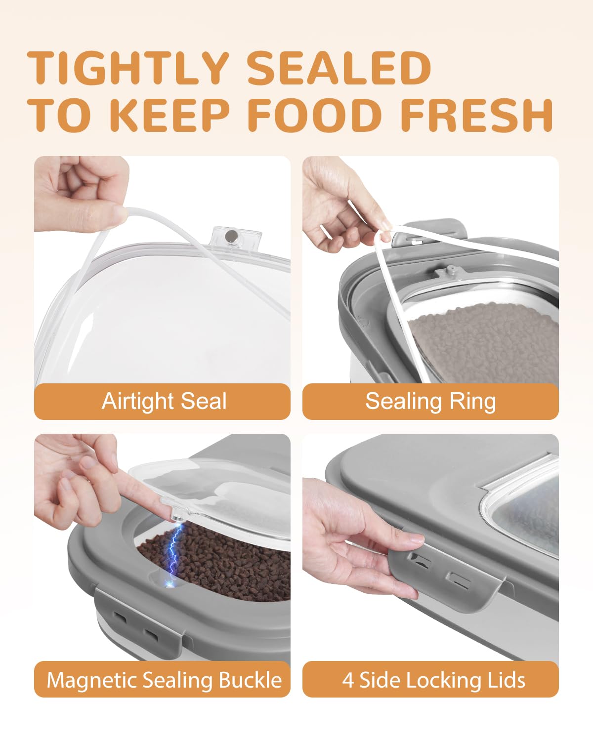 DDMOMMY dog food container full-size shows 23 lb capacity for dry kibble.
