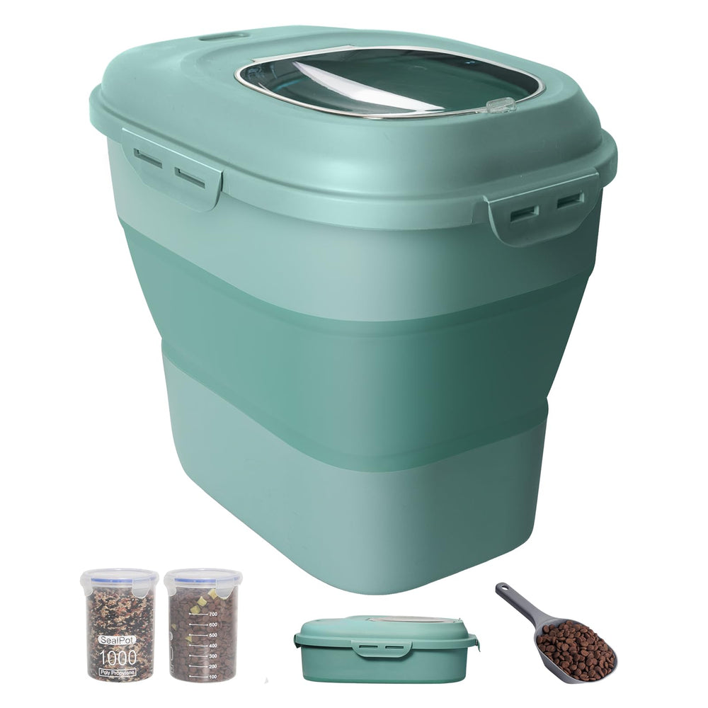 DDMOMMY collapsible dog food storage with airtight lids and wheels for easy movement.