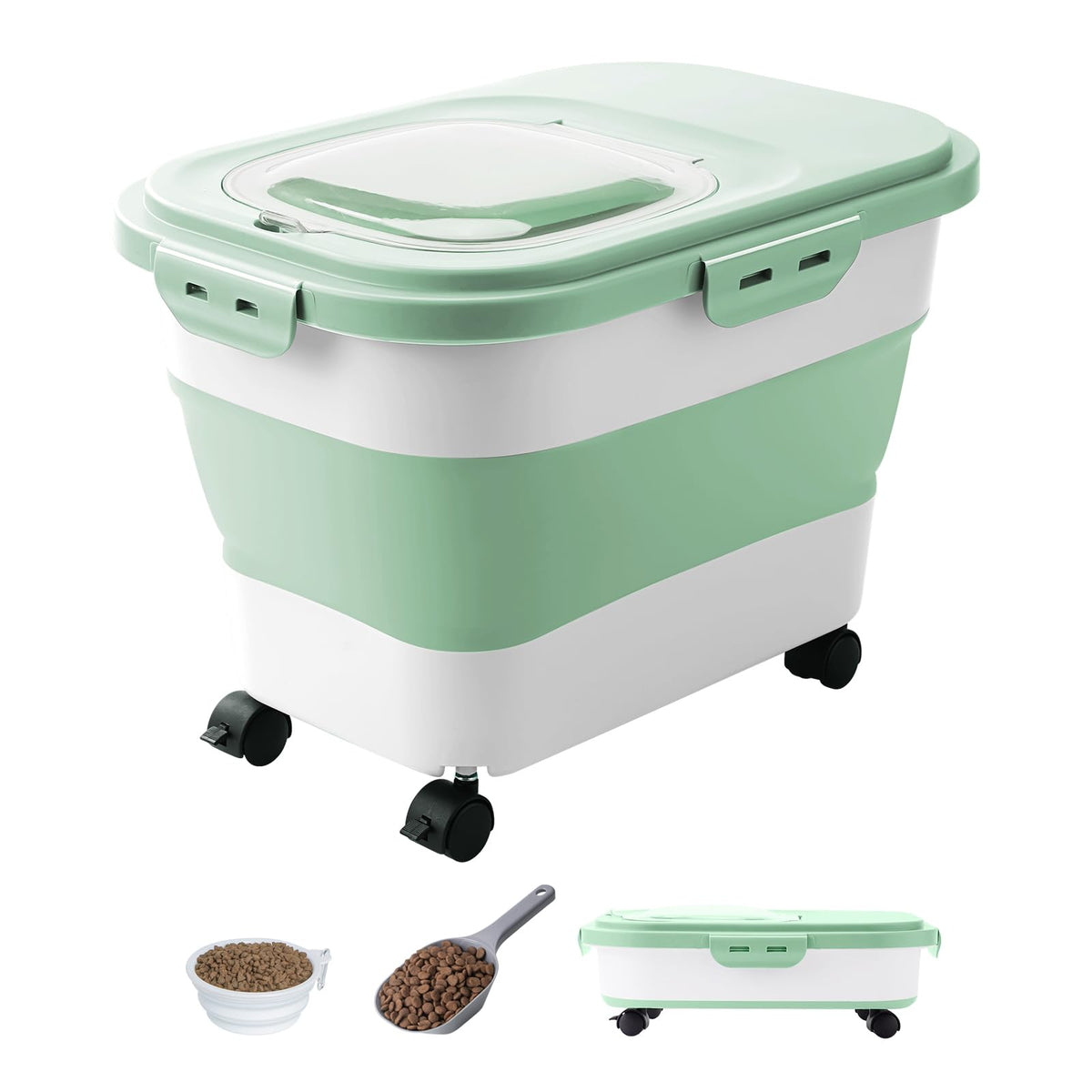 DDMOMMY dog food storage container showing attachable casters for easy movement.