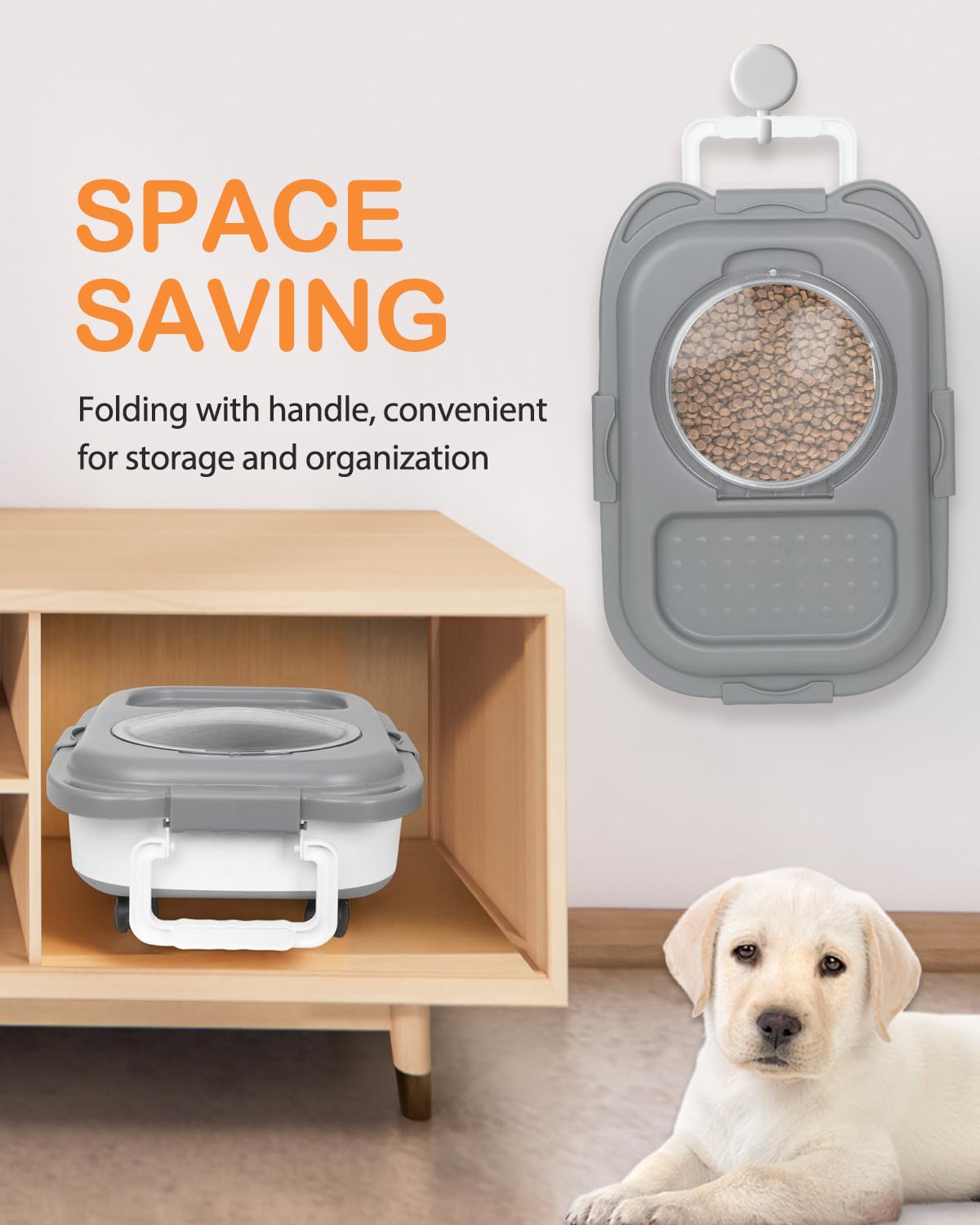 DDMOMMY folded dog food bin stored compactly in a cabinet