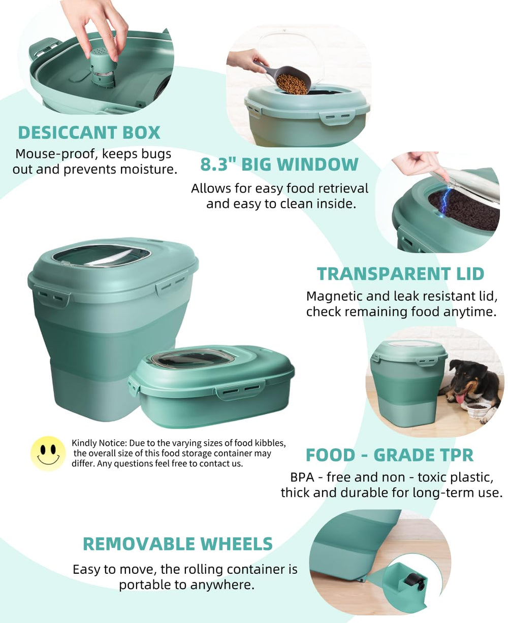 DDMOMMY green dog food storage blends with kitchen decor.