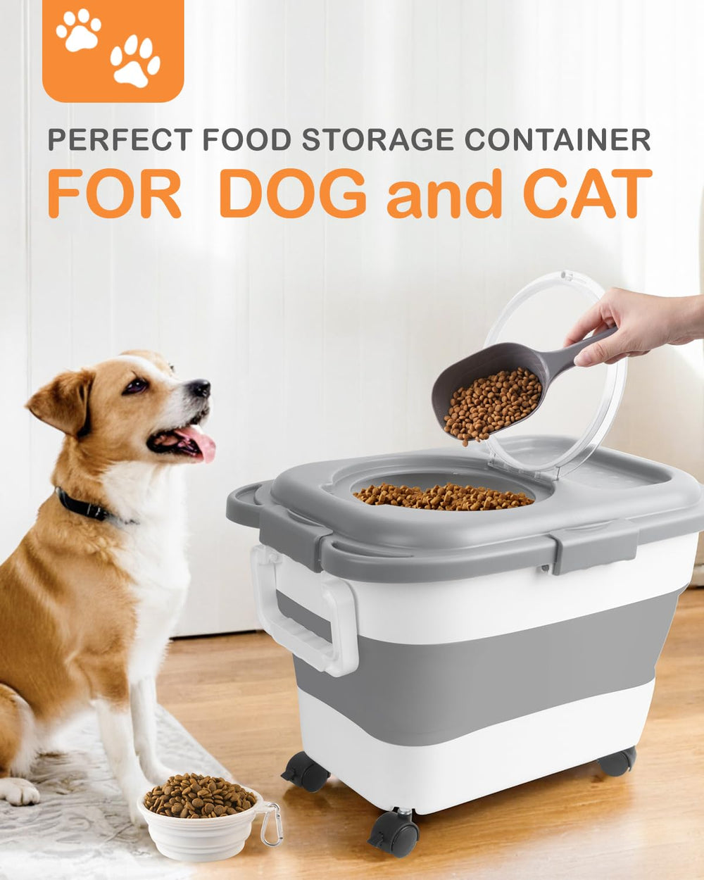 DDMOMMY pet food storage on wheels for easy transport around the home