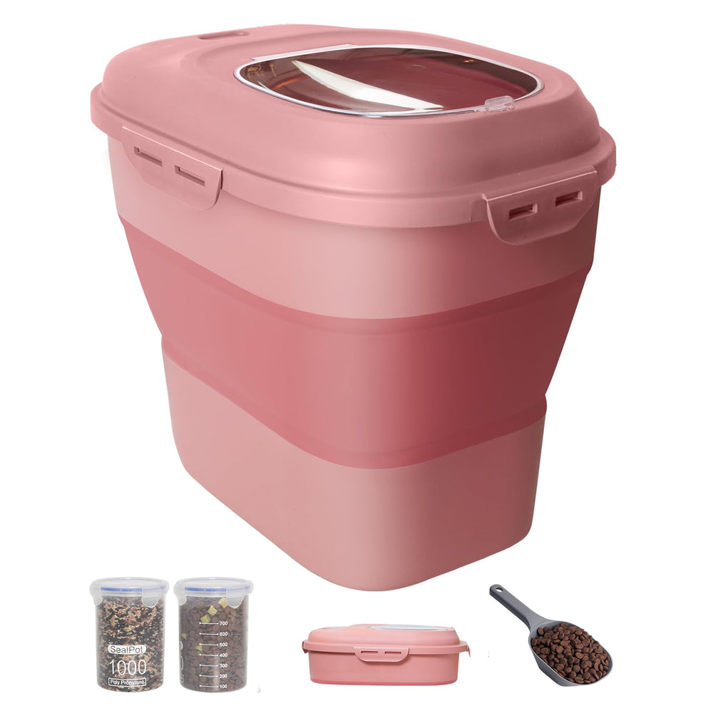 DDMOMMY pink dog food container with foldable wheels for easy movement storage.