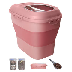 DDMOMMY pink dog food container with foldable wheels for easy movement storage.