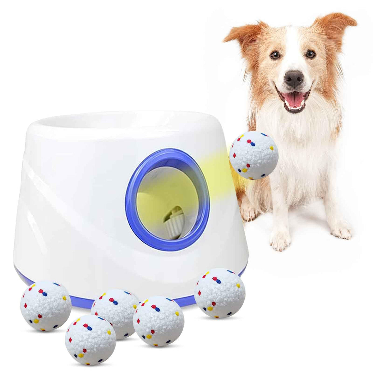 DDQ automatic dog ball launcher front view promotes interactive play for small to medium dogs.