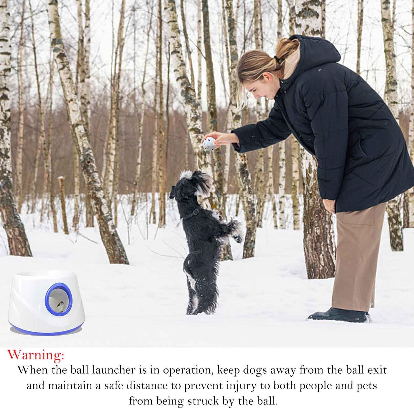 DDQ ball launcher distance settings illustration shows adjustable throw ranges for indoor or outdoor use.