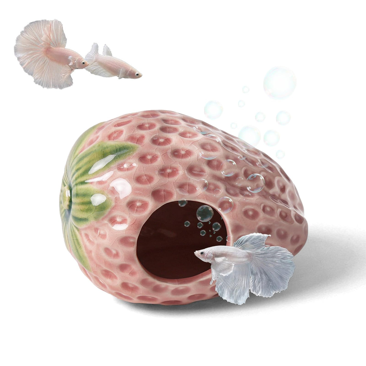 Deapeey pink strawberry cave for aquariums, decorative hideout for small fish and shrimp