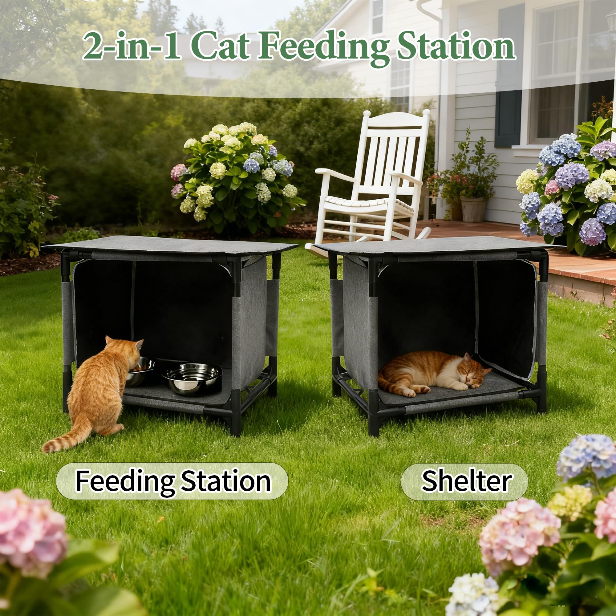 Deblue assembled outdoor cat dining setup on porch or balcony