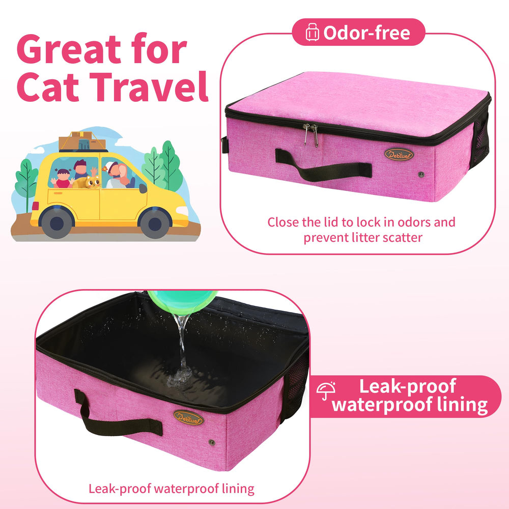Deblue foldable cat litter box in pink folded compactly for travel storage