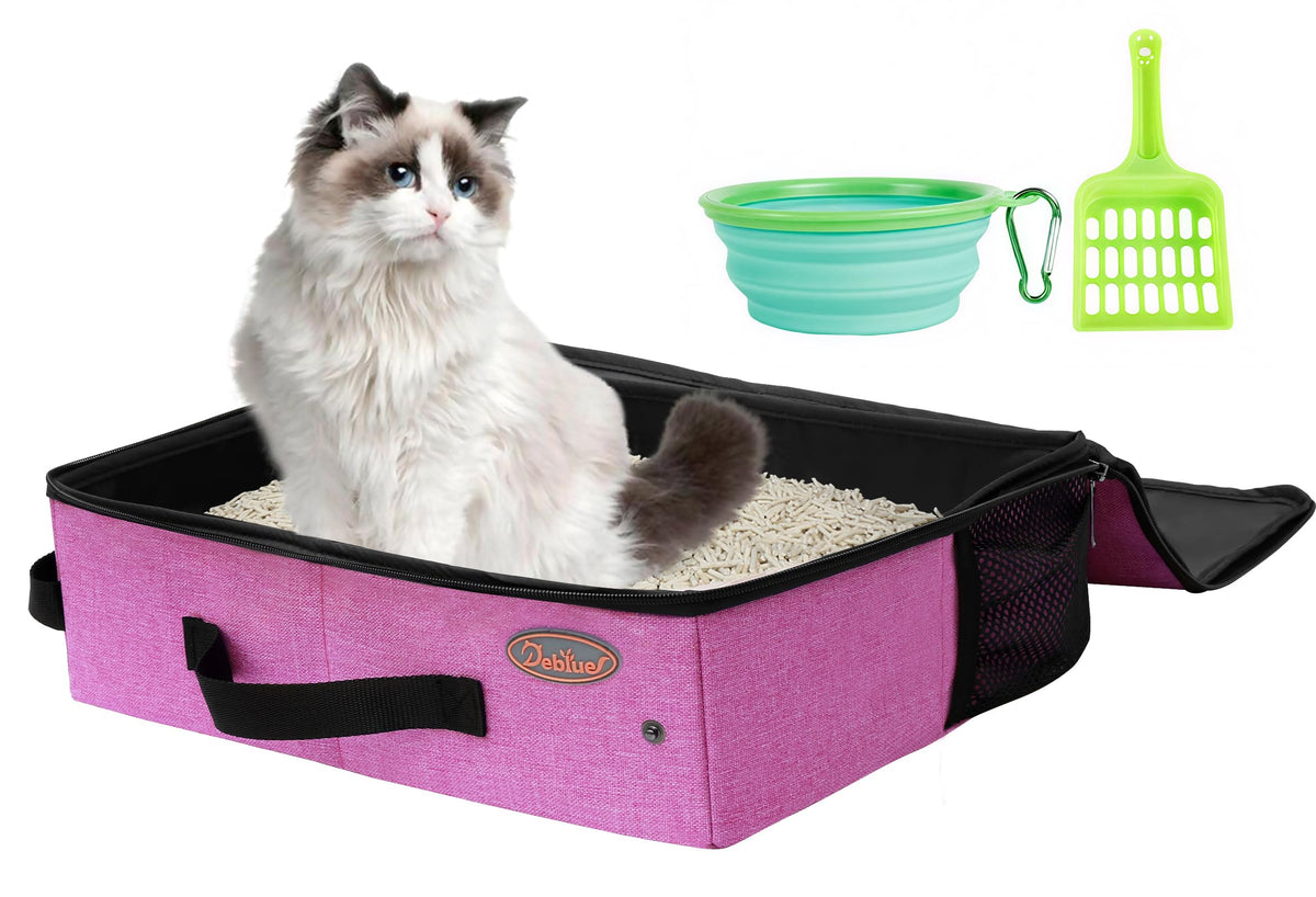 Deblue portable cat litter box with lid in pink for mess-free car trips