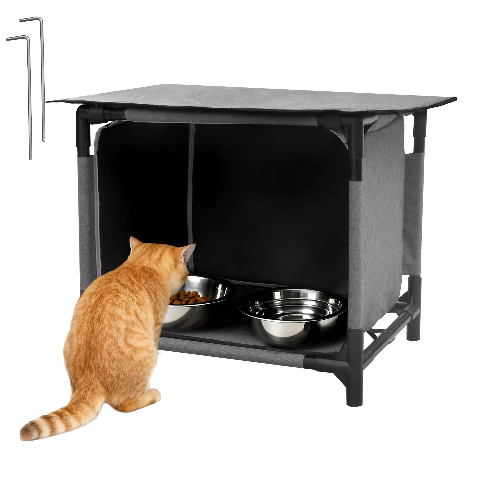 Deblue Waterproof Cat House front view showing sheltered feeding space for outdoor cats
