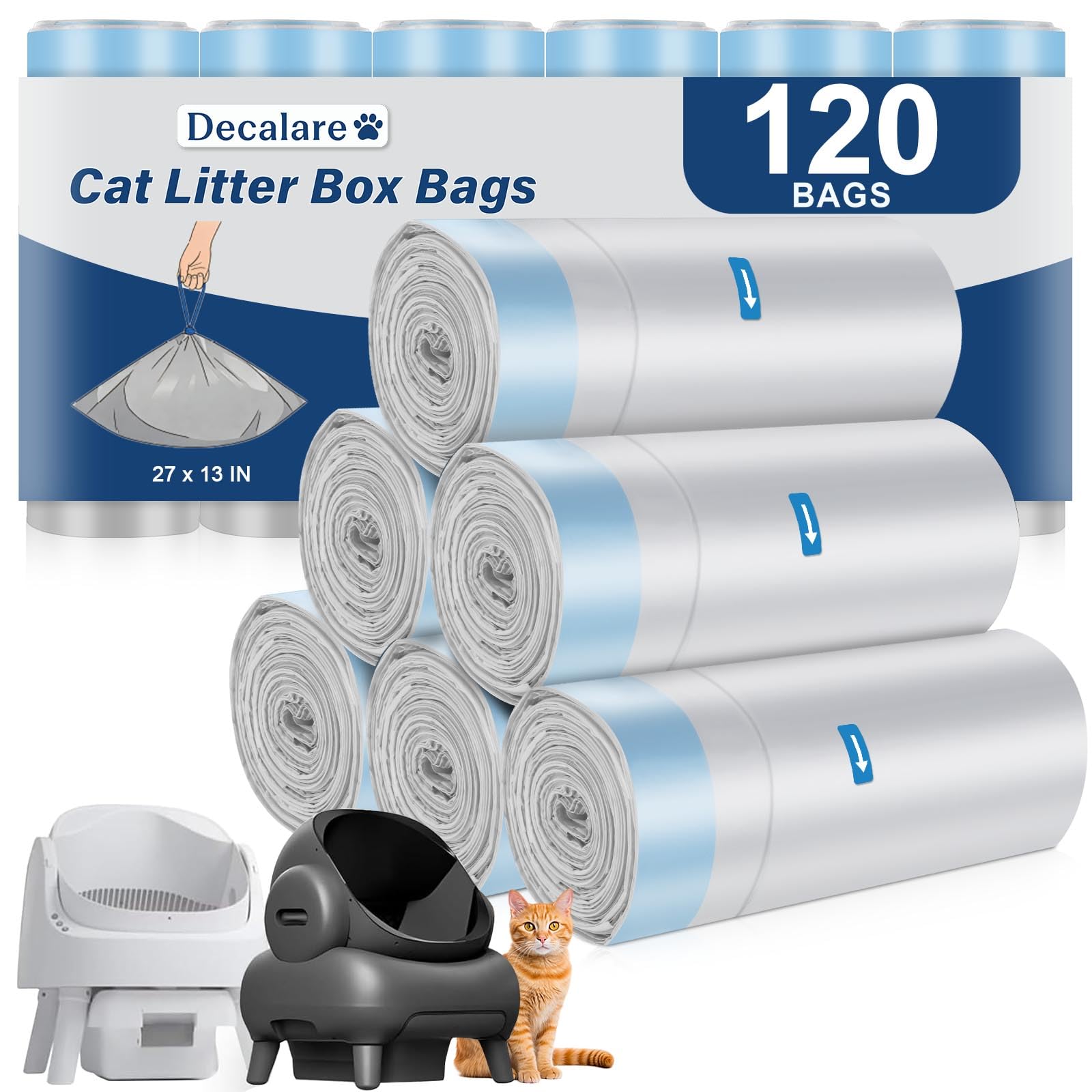 Decalare 120-count cat litter bags pack for NeakM1 and Petpiv boxes, leak-proof disposal.