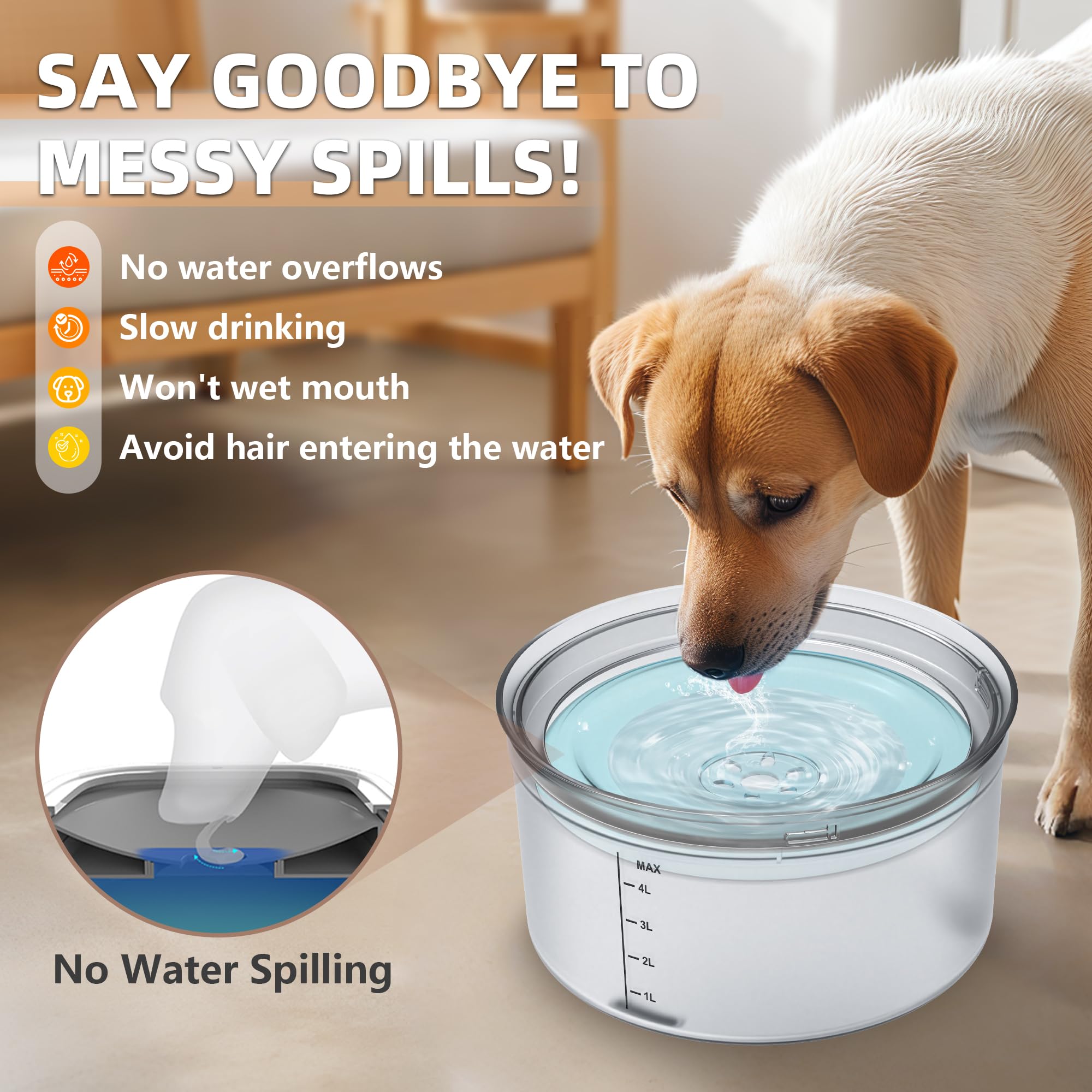 Decflow anti-slip bottom mat keeps the bowl steady and floors dry.