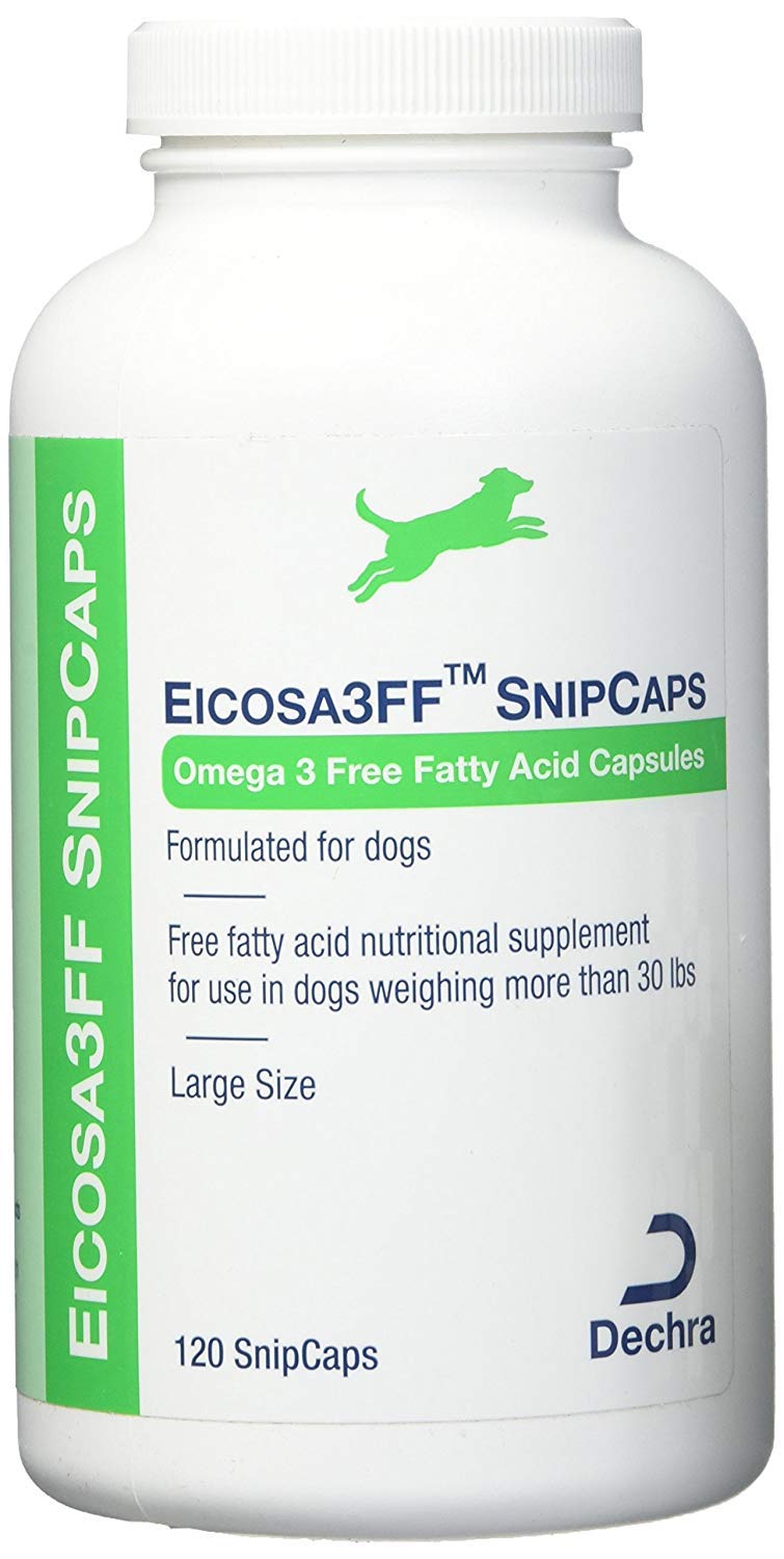 Dechra Eicosa3FF SnipCaps pour to support healthy skin, coat, and joints in large dogs.