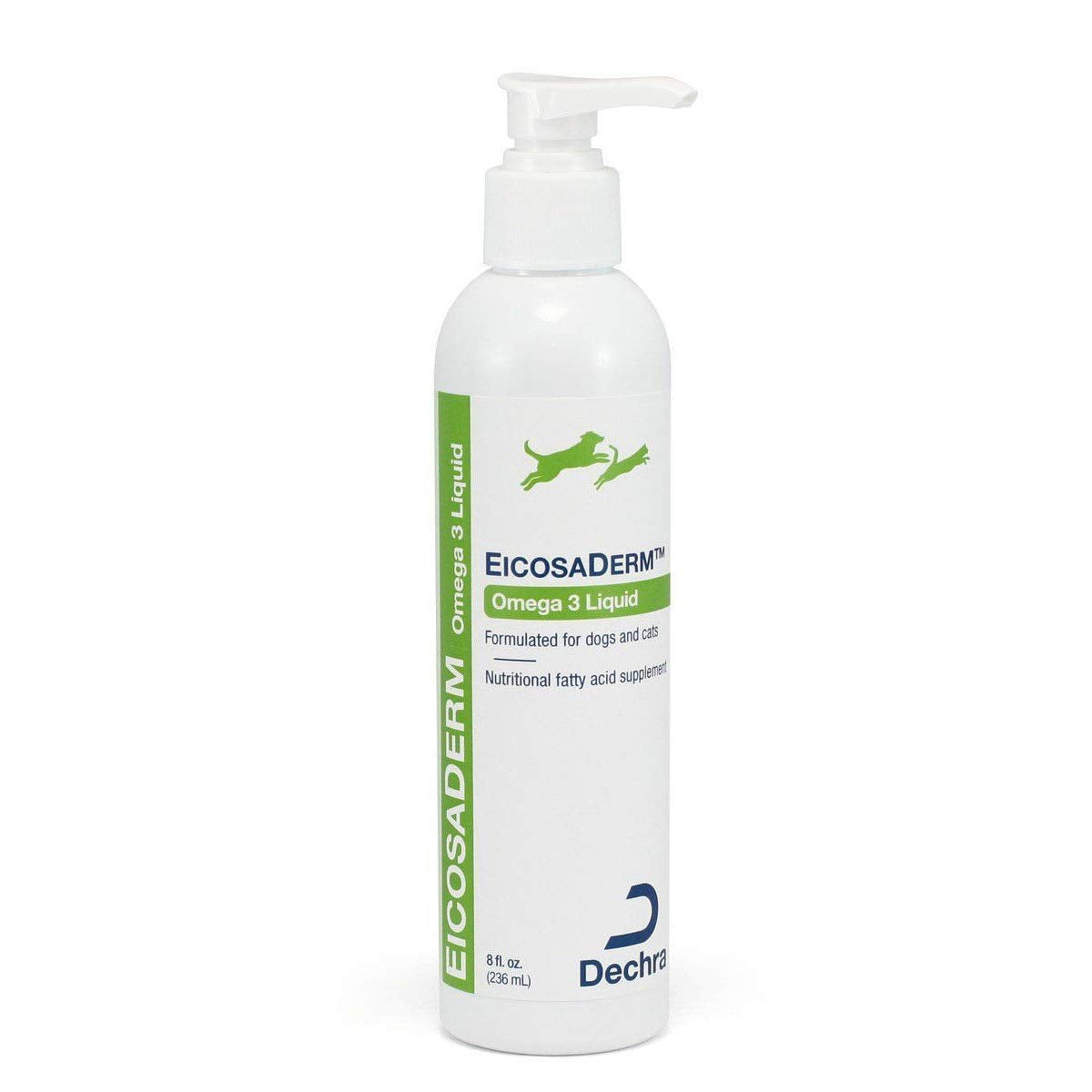 Dechra EicosaDerm Omega-3 bottle with pump supports coat health and skin comfort