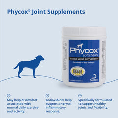 Dechra Phycox bottle with label and chews ready to serve.