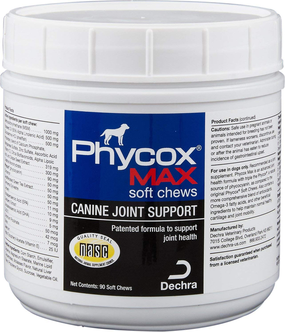 Dechra Phycox MAX soft chews bottle for dogs supporting joints and mobility.