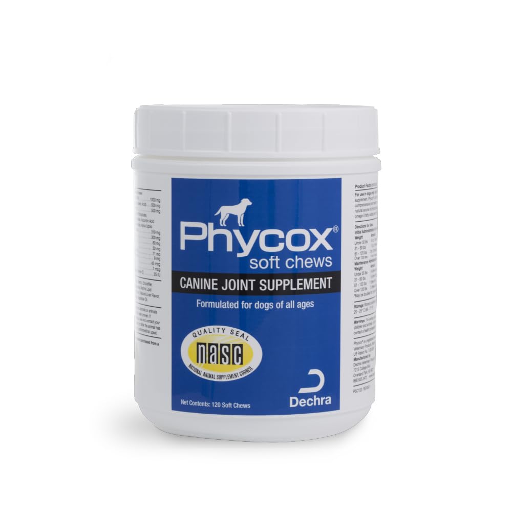 Dechra Phycox bottle and soft chews for daily joint support.
